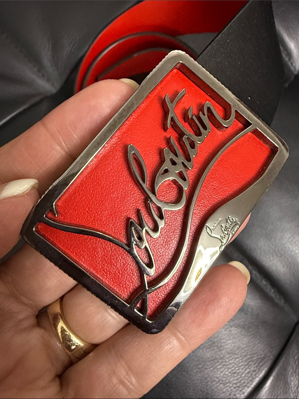 Christian Louboutin Black and Red Leather Logo Belt 85/34 Italy unisex